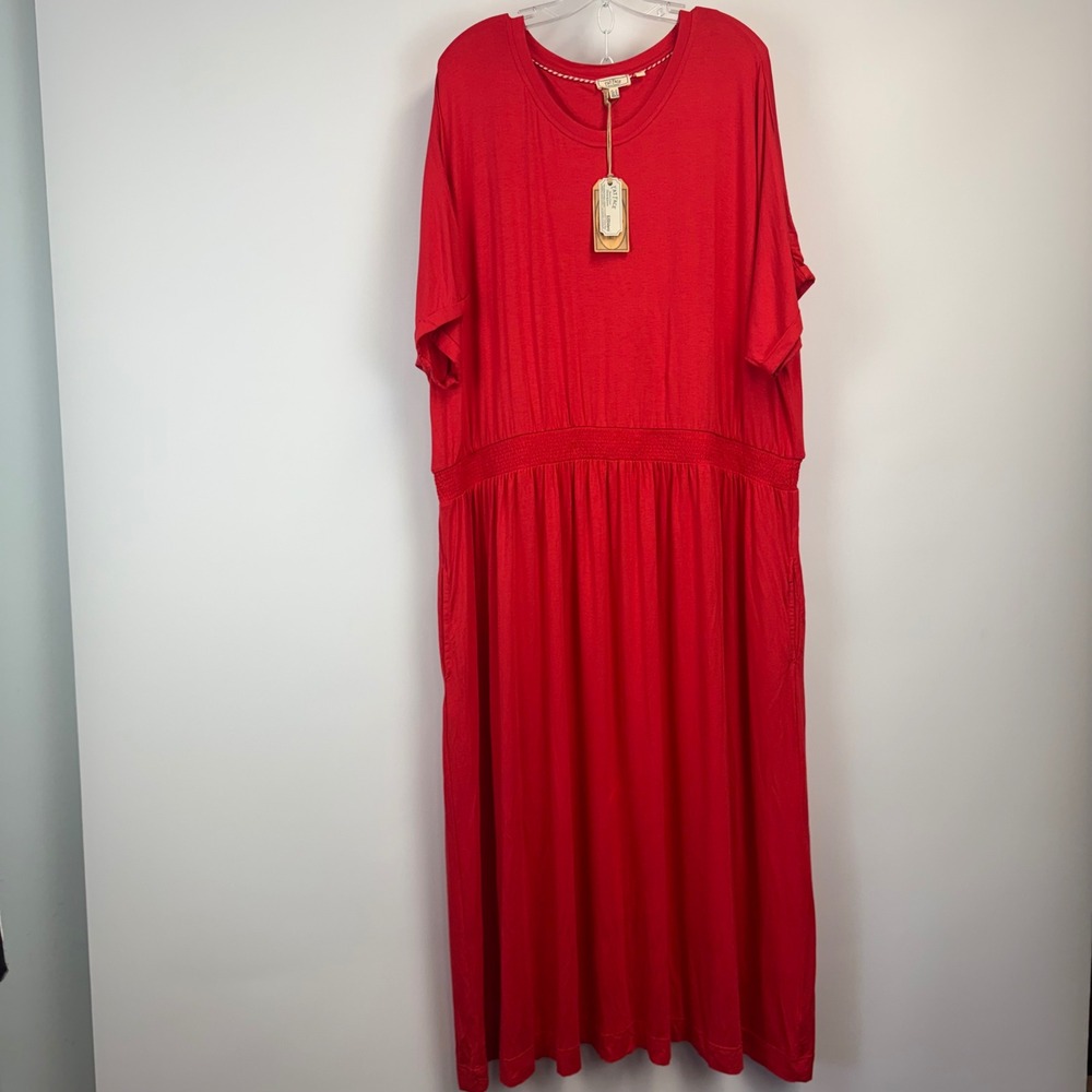 Fat Face Red EcoVero Viscose Smocked Waist Maxi Dress Plus Size USA 20 UK 24 NWT